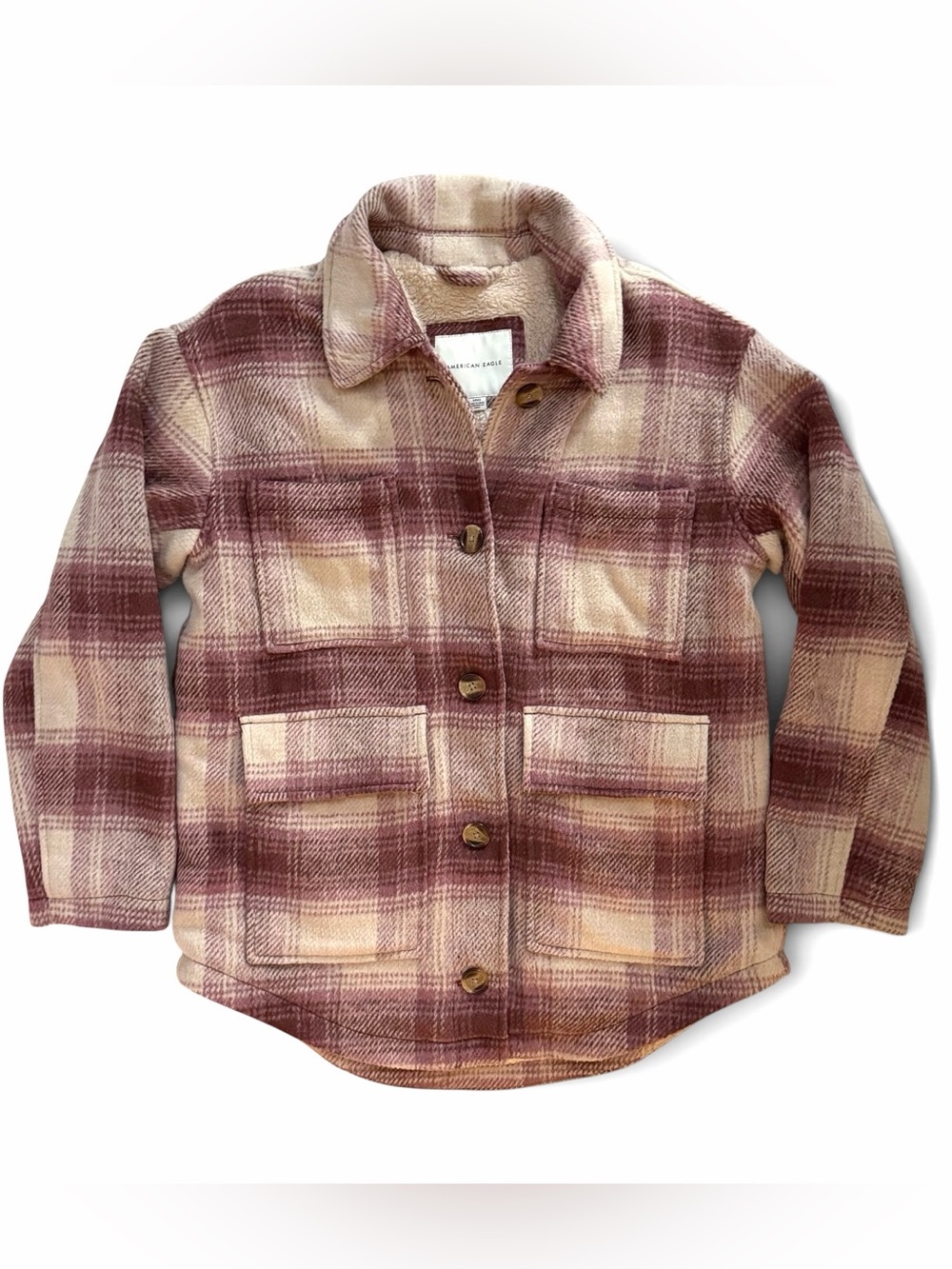 American Eagle Lined Button Up Brushed Plaid Shacket Womens Small pink & cream